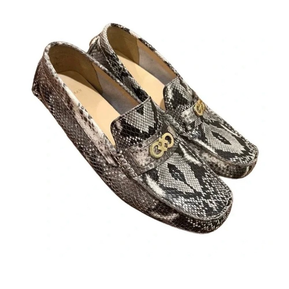 Cole Haan Snake-Print Loafers in Black, Gray, White with Gold Accent